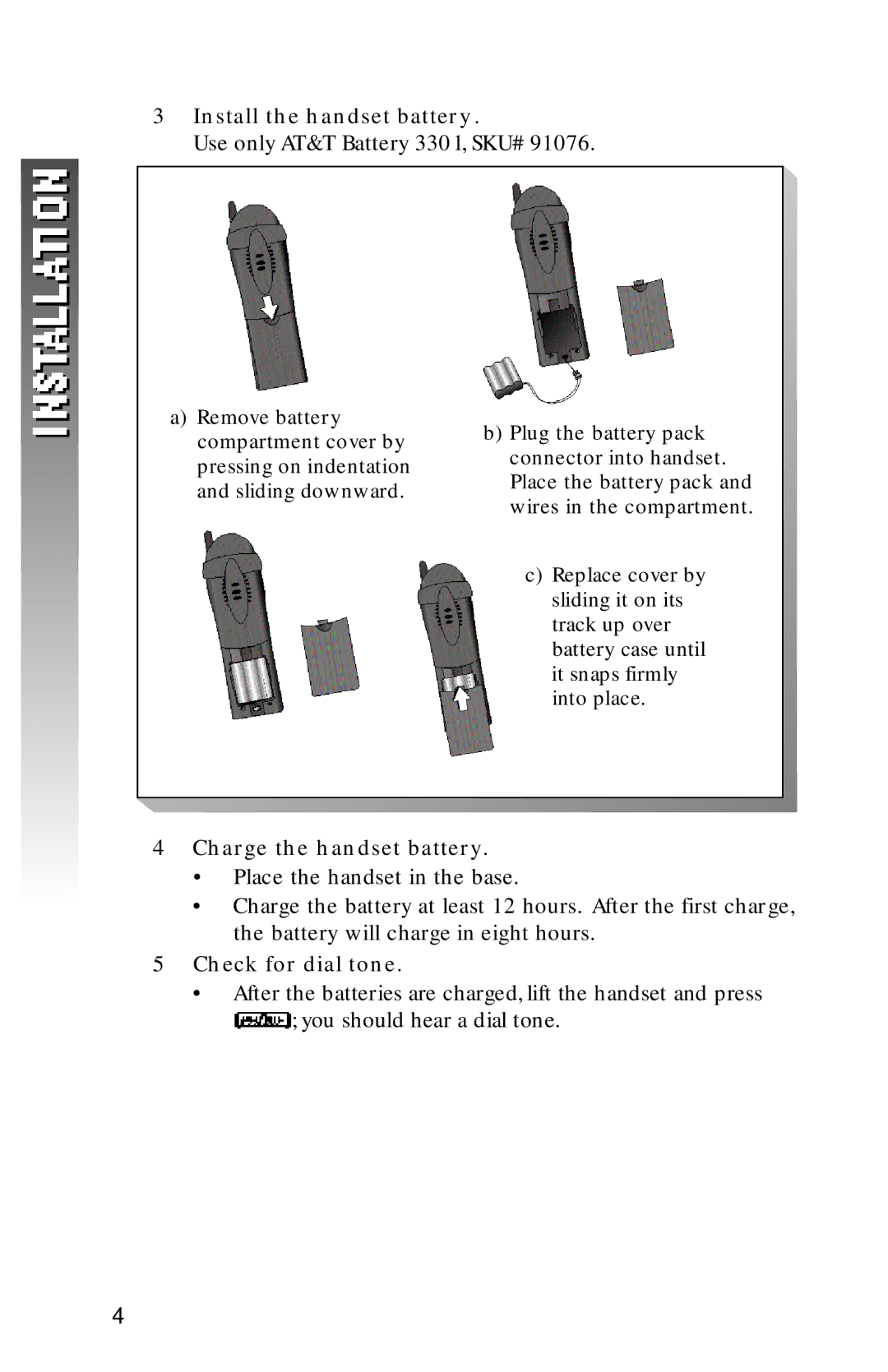 AT&T 2256 user manual Install the handset battery, Charge the handset battery, Check for dial tone 