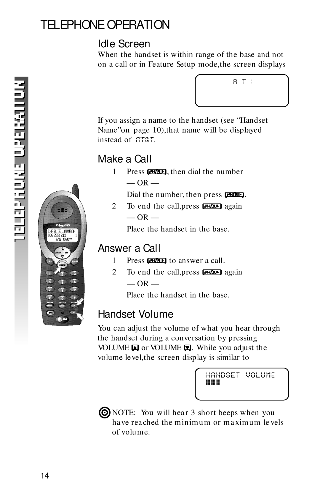 AT&T 2320 user manual Telephone Operation, Idle Screen, Make a Call, Answer a Call, Handset Volume 