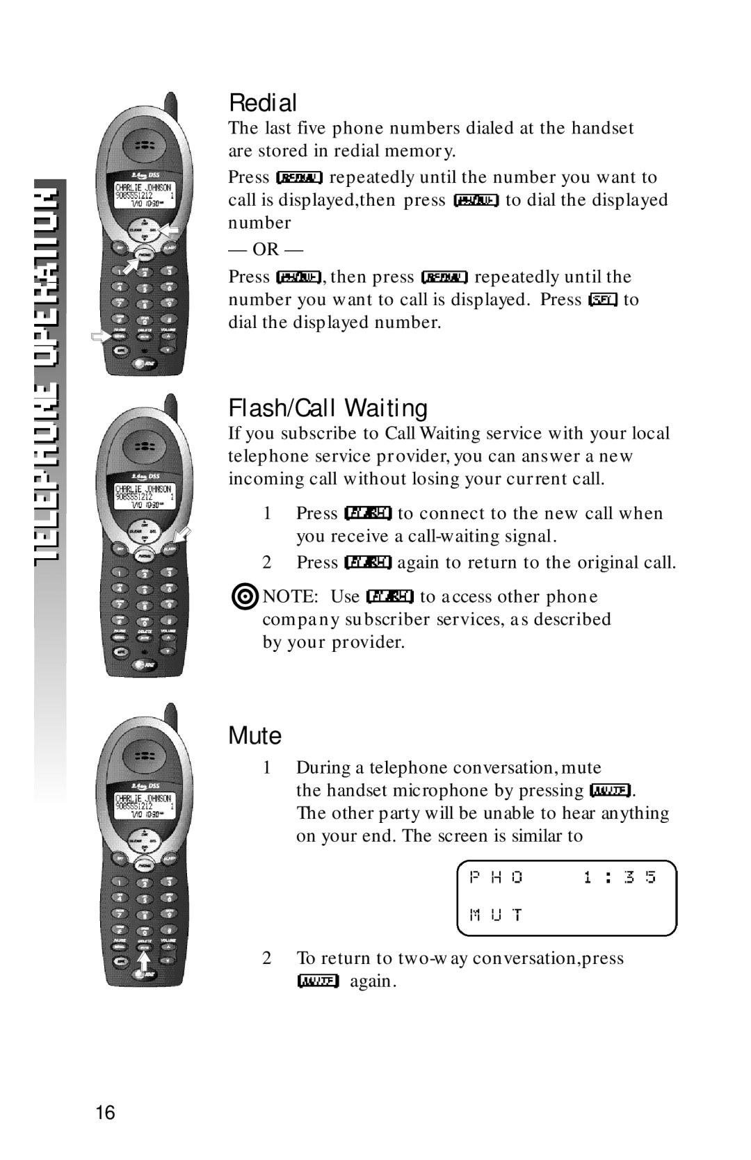 AT&T 2320 user manual Redial, Flash/Call Waiting, Mute 