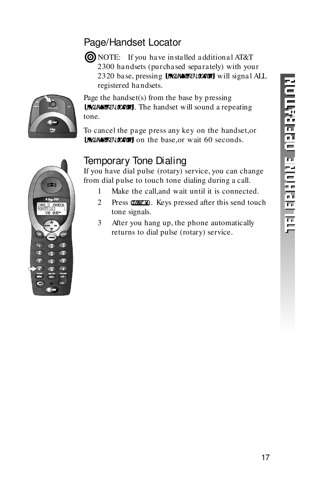 AT&T 2320 user manual Page/Handset Locator, Temporary Tone Dialing 