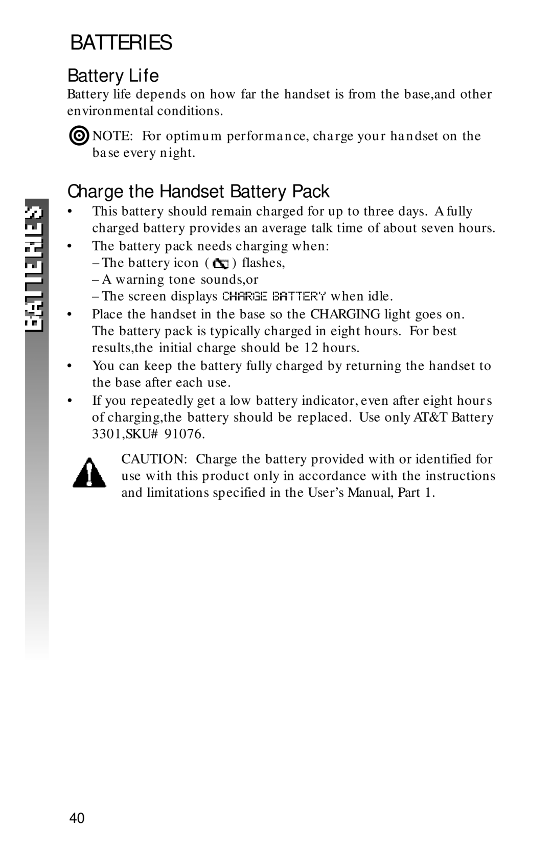 AT&T 2320 user manual Batteries, Battery Life, Charge the Handset Battery Pack 