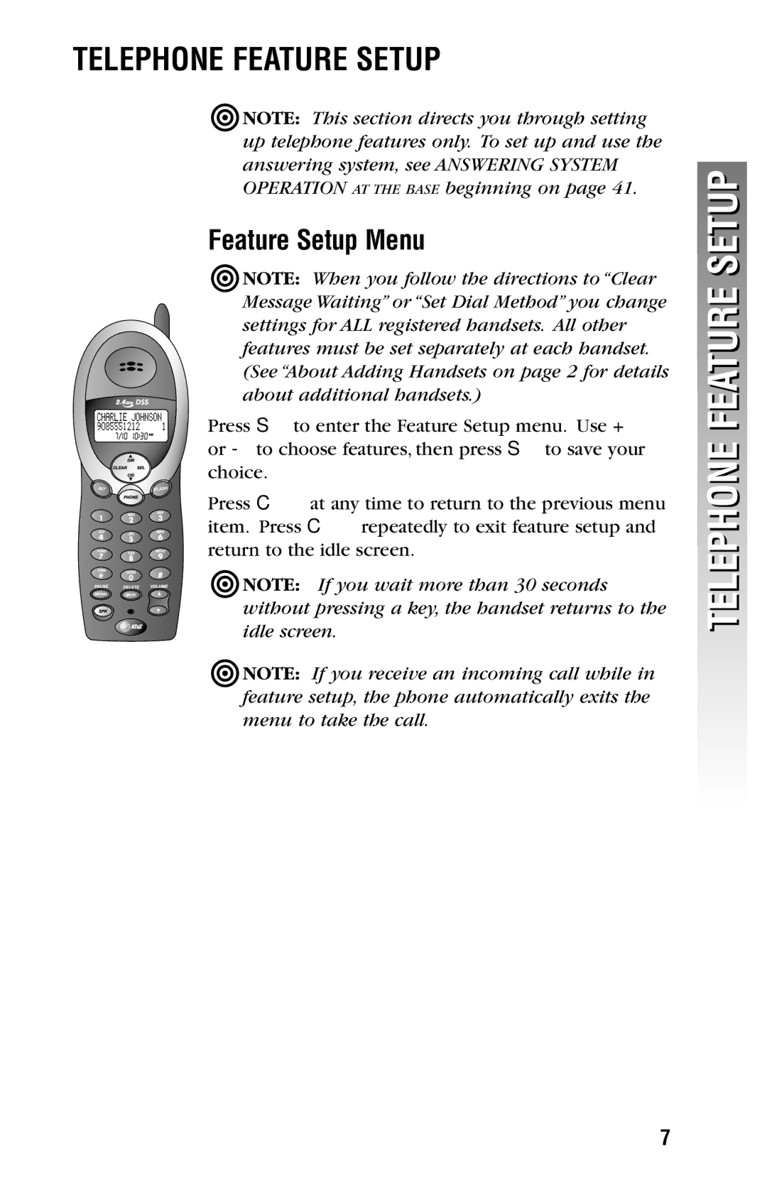 AT&T 2325/2365 user manual Telephone Feature Setup, Feature Setup Menu 