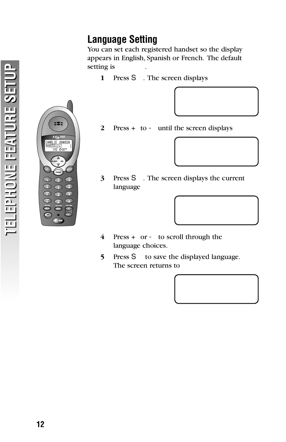 AT&T 2325/2365 user manual Language Setting, Language English, Language Clear MSG Wait 