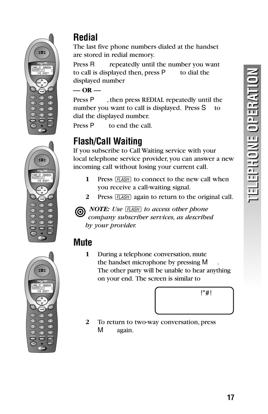 AT&T 2325/2365 user manual Redial, Flash/Call Waiting, Muted 