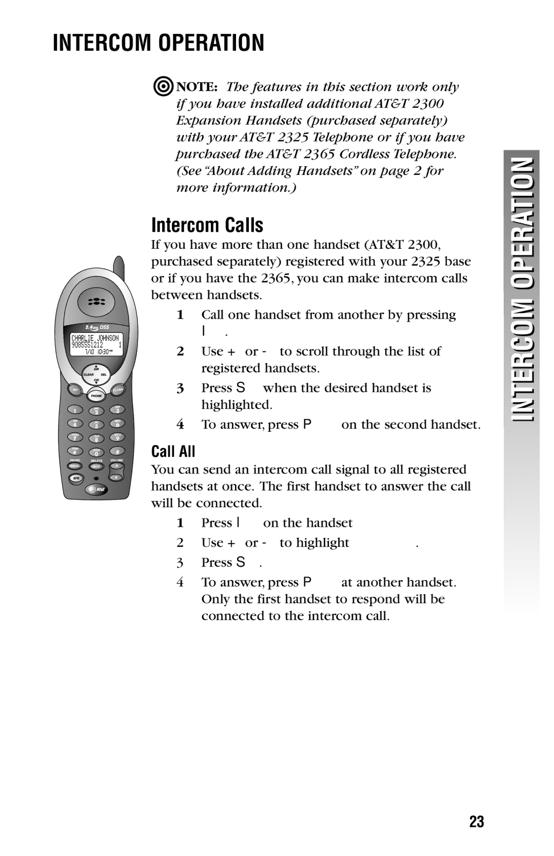 AT&T 2325/2365 user manual Intercom Operation, Intercom Calls 