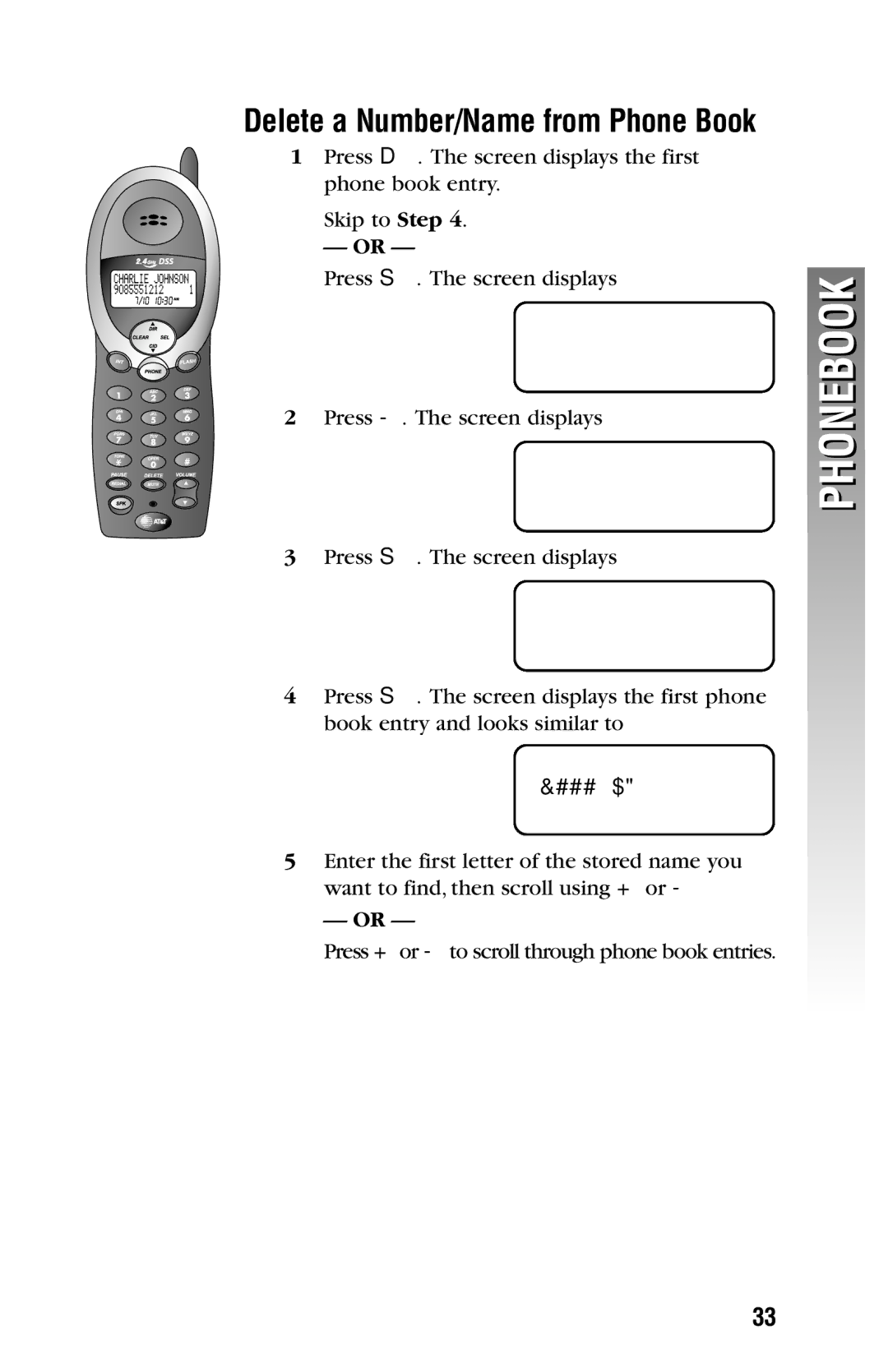 AT&T 2325/2365 user manual Delete a Number/Name from Phone Book 