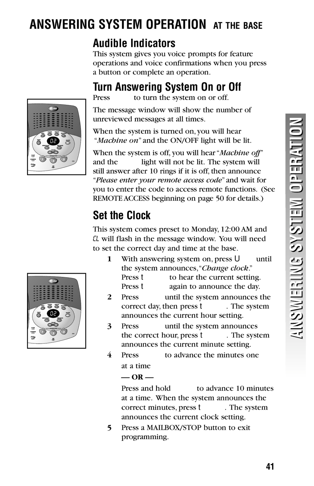 AT&T 2325/2365 user manual Answering System Operation AT the Base, Audible Indicators, Turn Answering System On or Off 