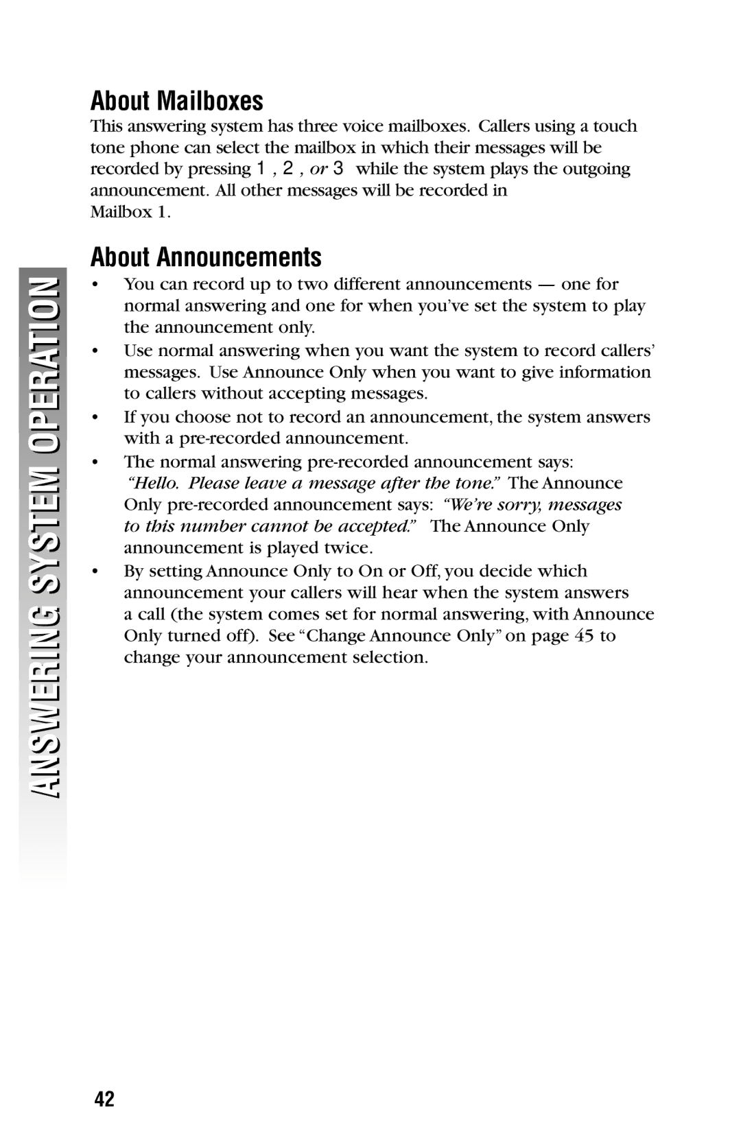 AT&T 2325/2365 user manual Answering System Operation, About Mailboxes, About Announcements 