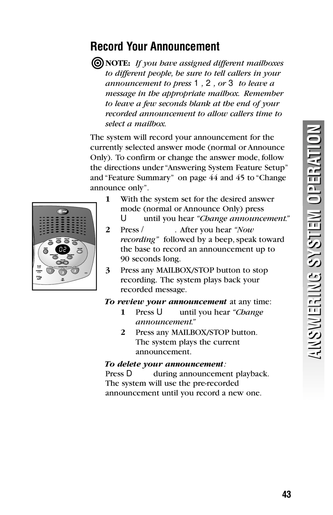 AT&T 2325/2365 user manual Record Your Announcement, Uuntil you hear Change announcement 