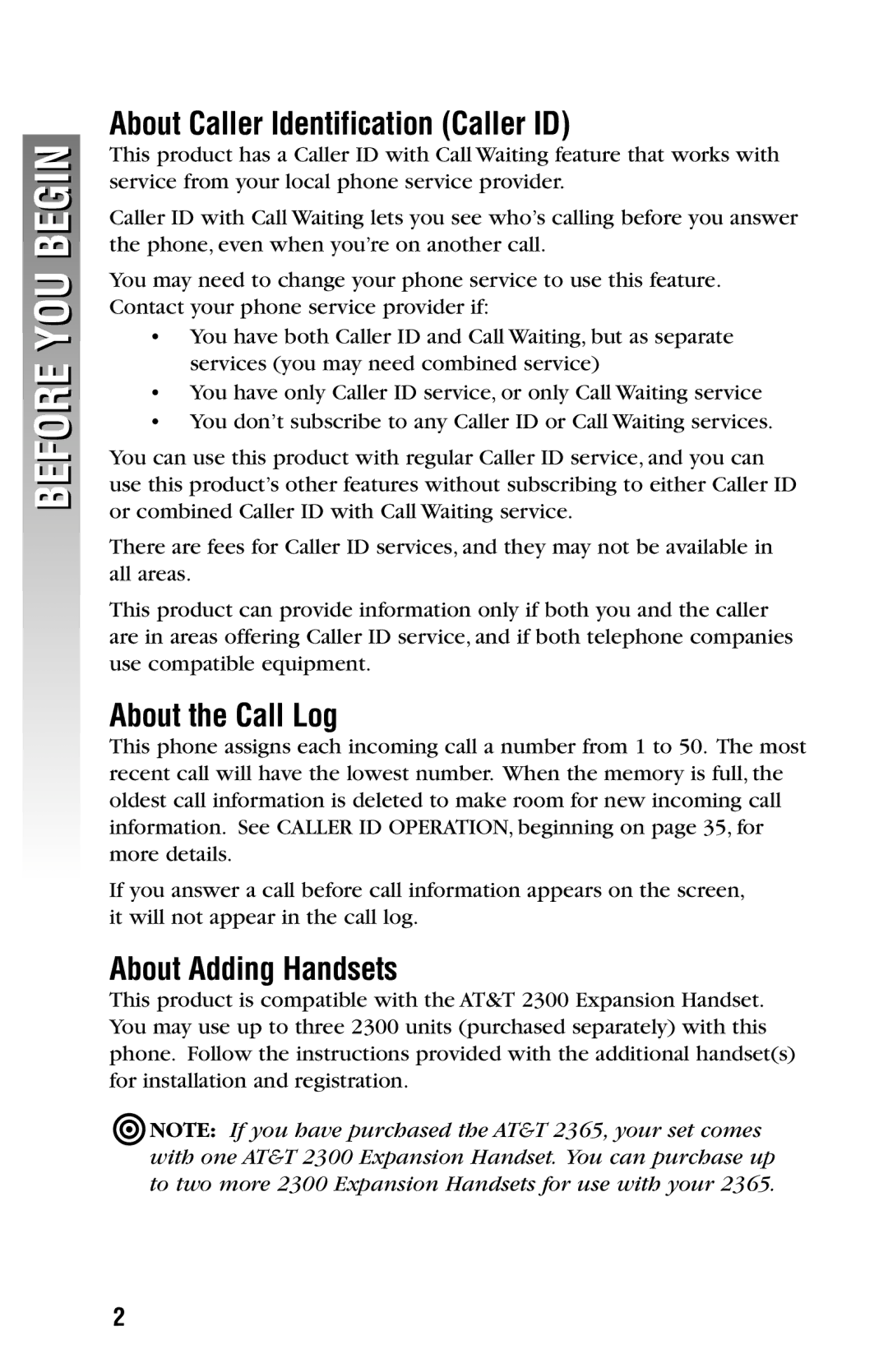 AT&T 2325/2365 Before YOU Begin, About Caller Identification Caller ID, About the Call Log, About Adding Handsets 