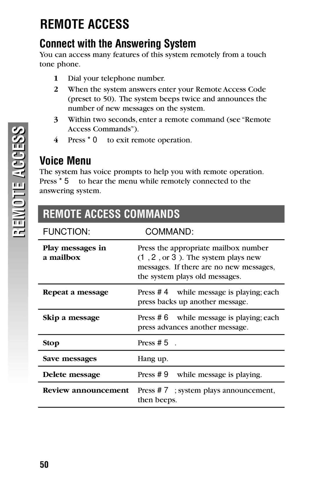 AT&T 2325/2365 user manual Connect with the Answering System, Voice Menu, Remote Access Commands 