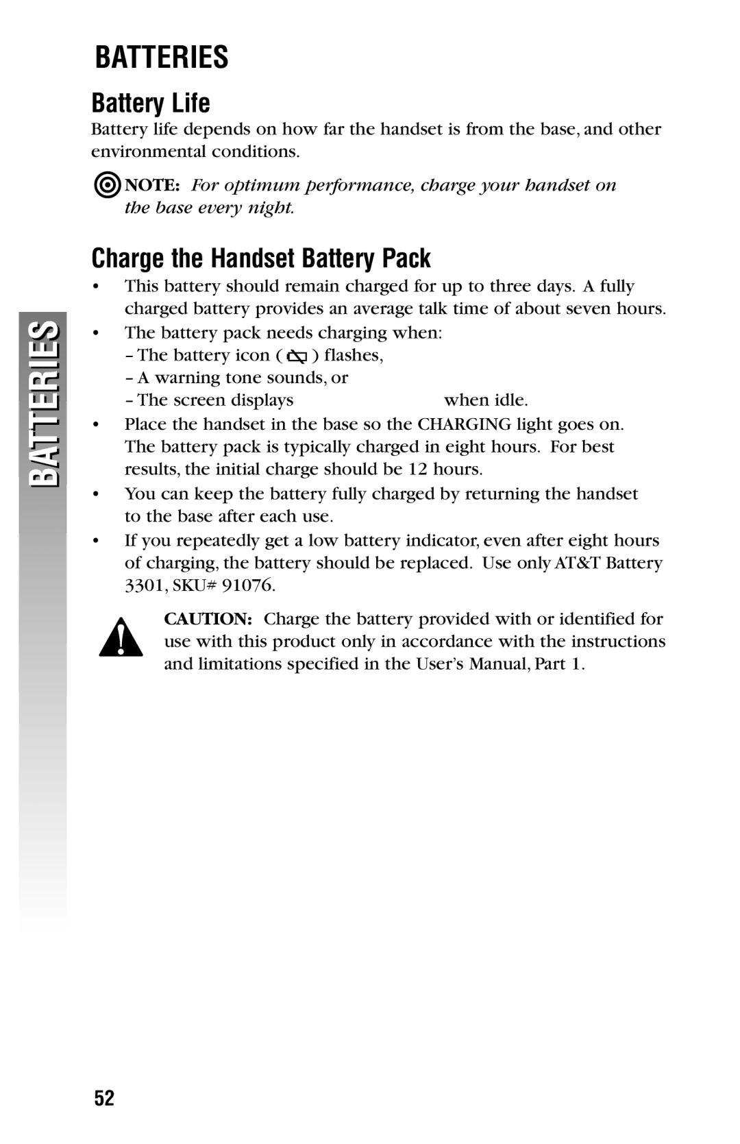 AT&T 2325/2365 user manual Batteries, Battery Life, Charge the Handset Battery Pack 