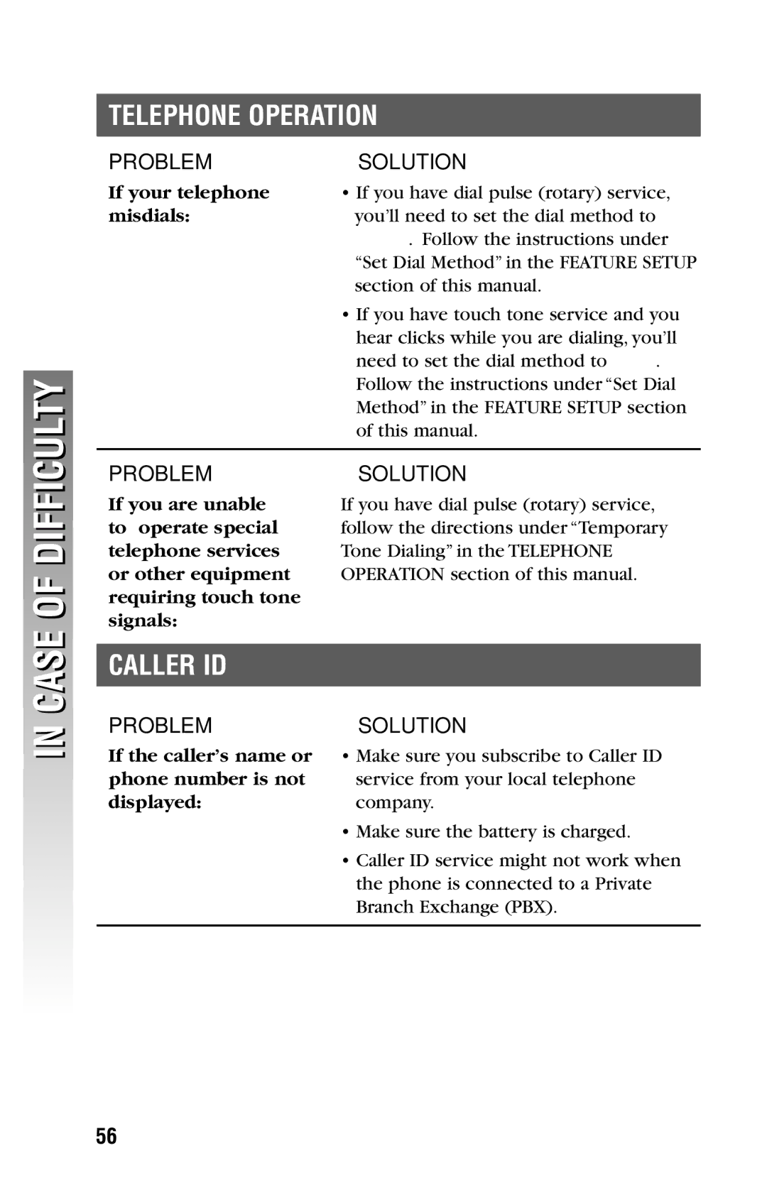 AT&T 2325/2365 Difficulty, Caller ID, If your telephone, Misdials, If the caller’s name or phone number is not displayed 