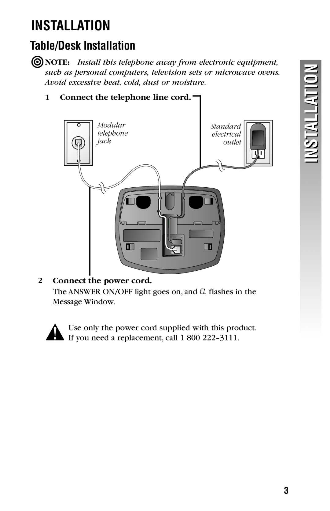 AT&T 2325/2365 user manual Table/Desk Installation, Connect the telephone line cord, Connect the power cord 