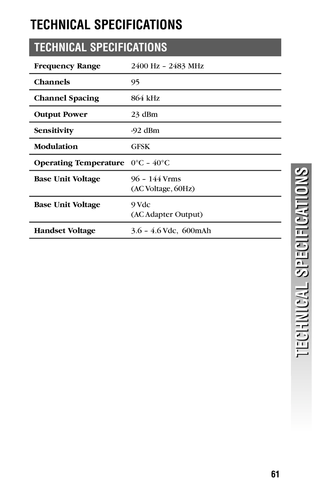 AT&T 2325/2365 user manual Technical Specifications 