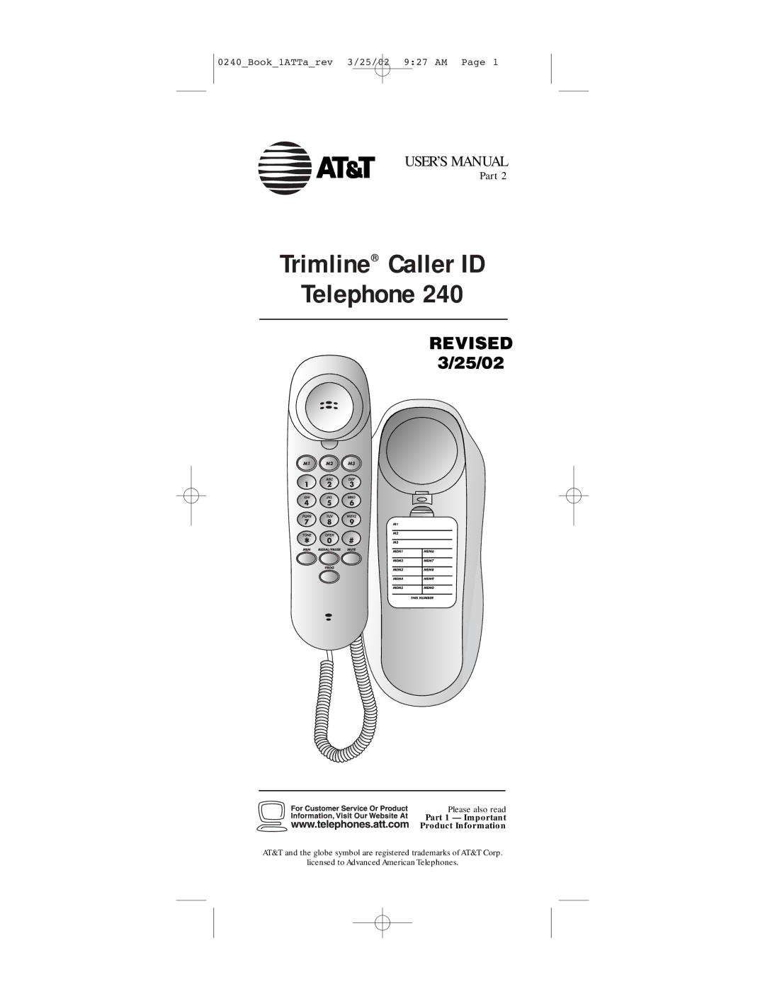 AT&T 240 user manual Trimline Caller ID Telephone 