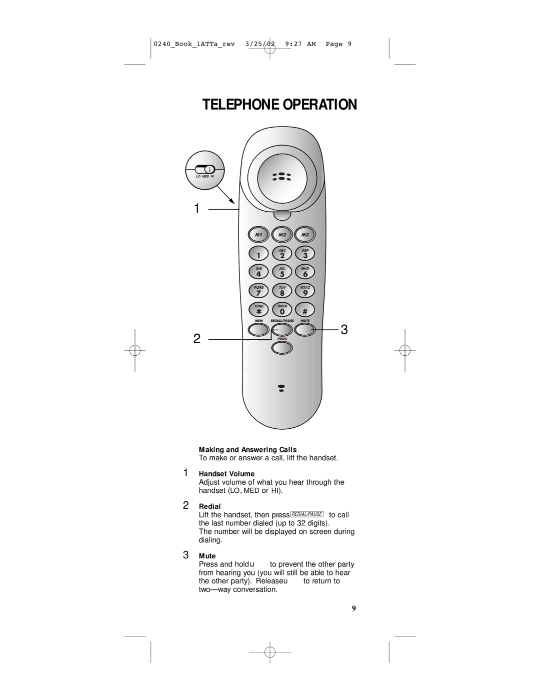 AT&T 240 user manual Telephone Operation, Making and Answering Calls, Handset Volume, Redial, Mute 