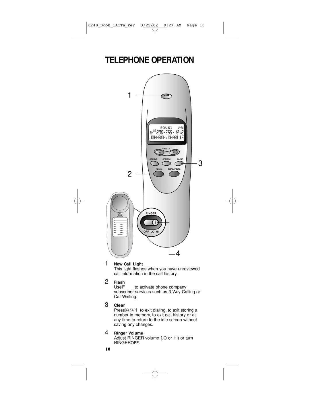 AT&T 240 user manual New Call Light, Flash, Clear, Ringer Volume 