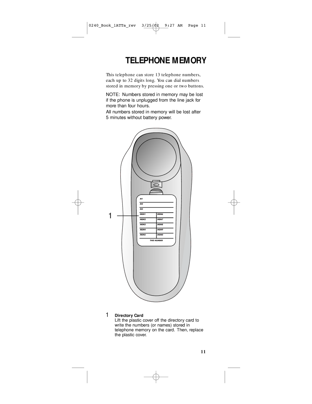 AT&T 240 user manual Telephone Memory, Directory Card 