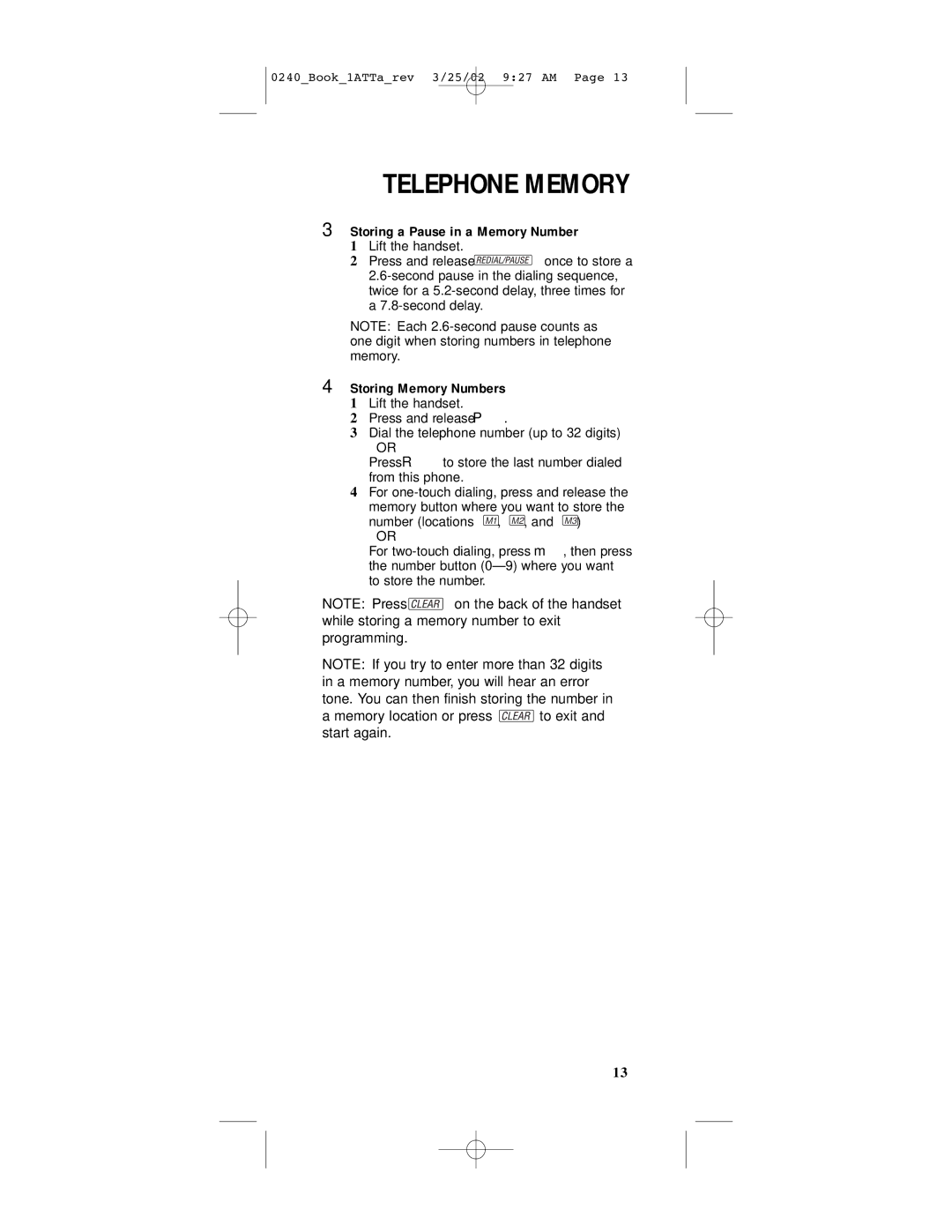 AT&T 240 user manual Storing a Pause in a Memory Number, Storing Memory Numbers 