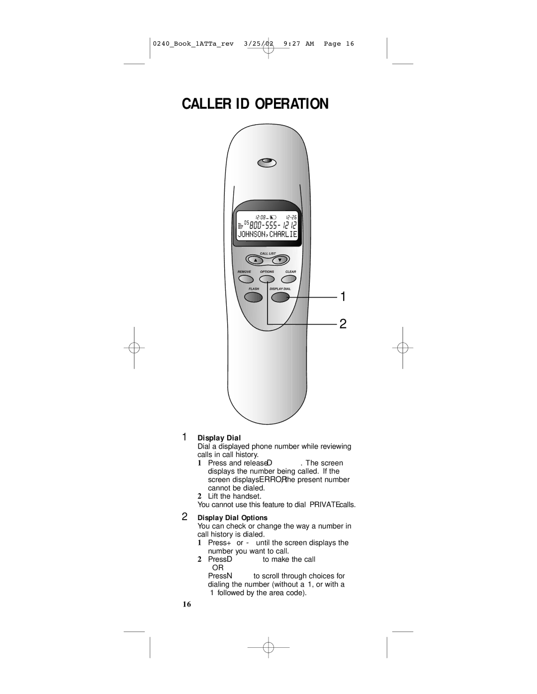 AT&T 240 user manual Display Dial Options 