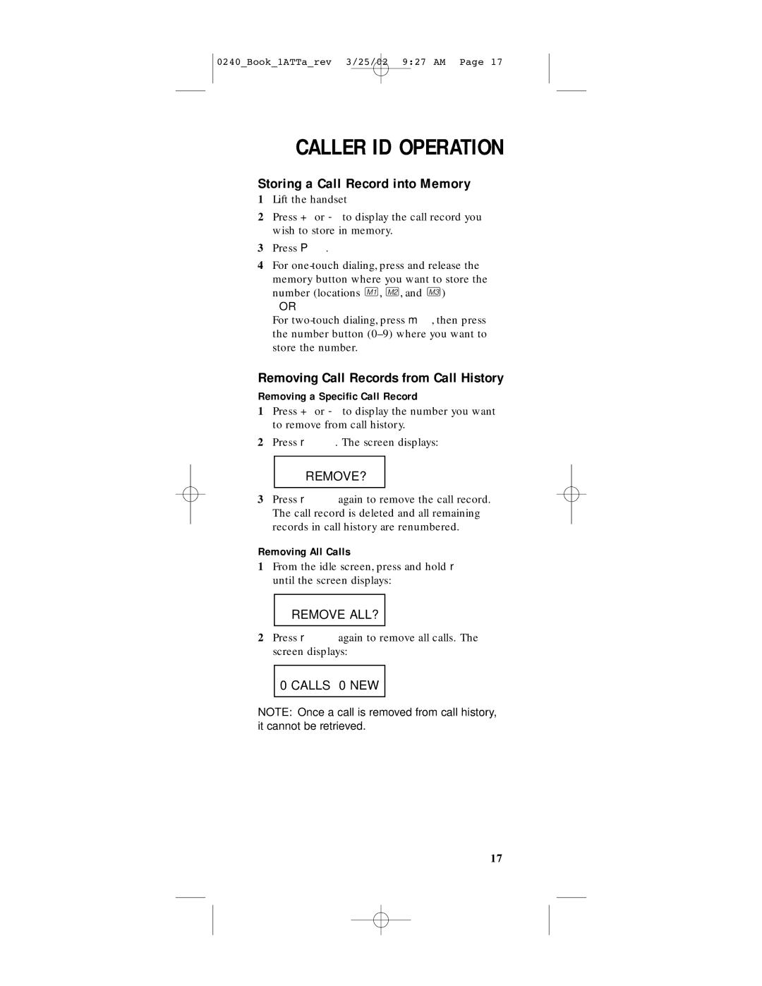 AT&T 240 Storing a Call Record into Memory, Removing Call Records from Call History, Removing a Specific Call Record 