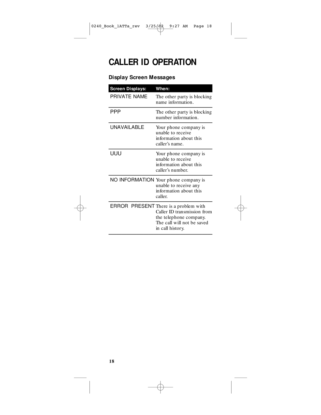 AT&T 240 user manual Display Screen Messages, Private Name, Unavailable, No Information, Error Present 