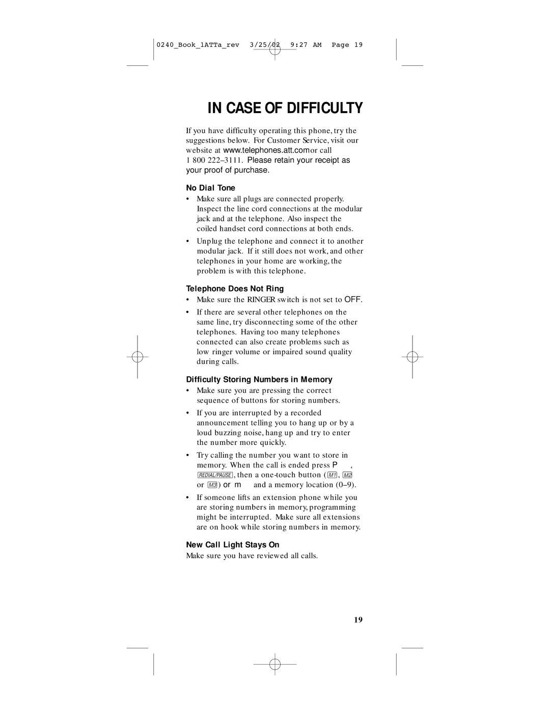 AT&T 240 user manual Case of Difficulty, No Dial Tone 