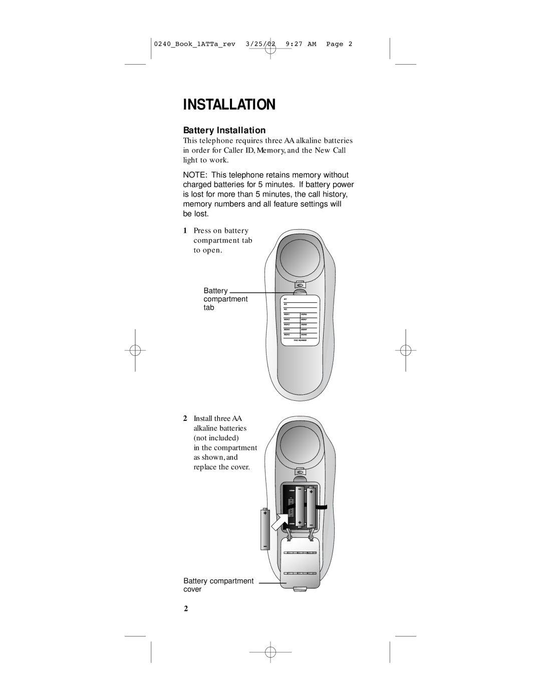 AT&T 240 user manual Battery Installation 