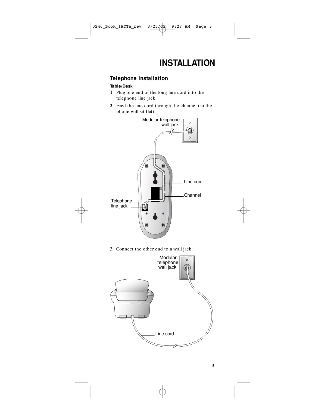 AT&T 240 user manual Telephone Installation, Table/Desk 