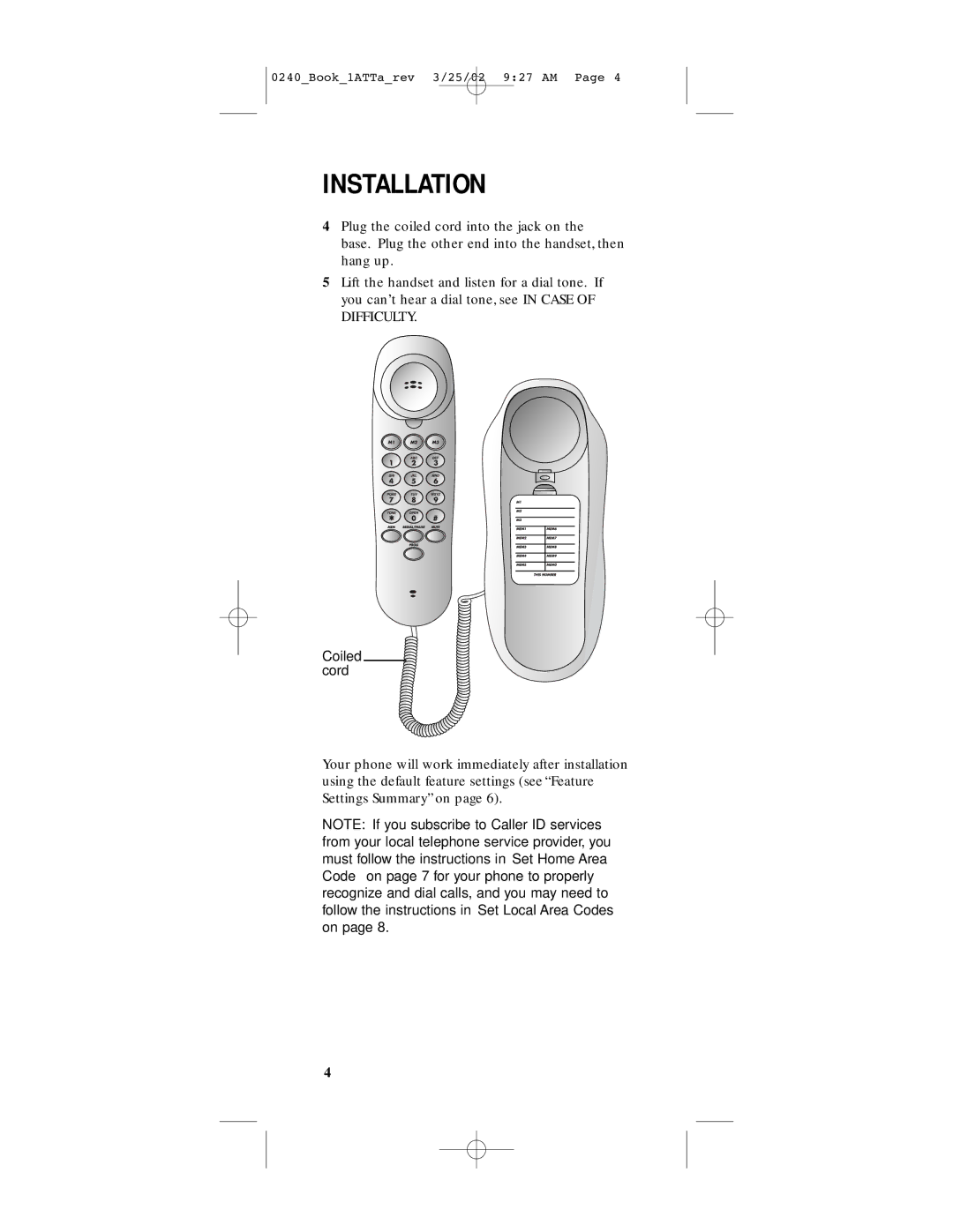 AT&T 240 user manual Coiled cord 