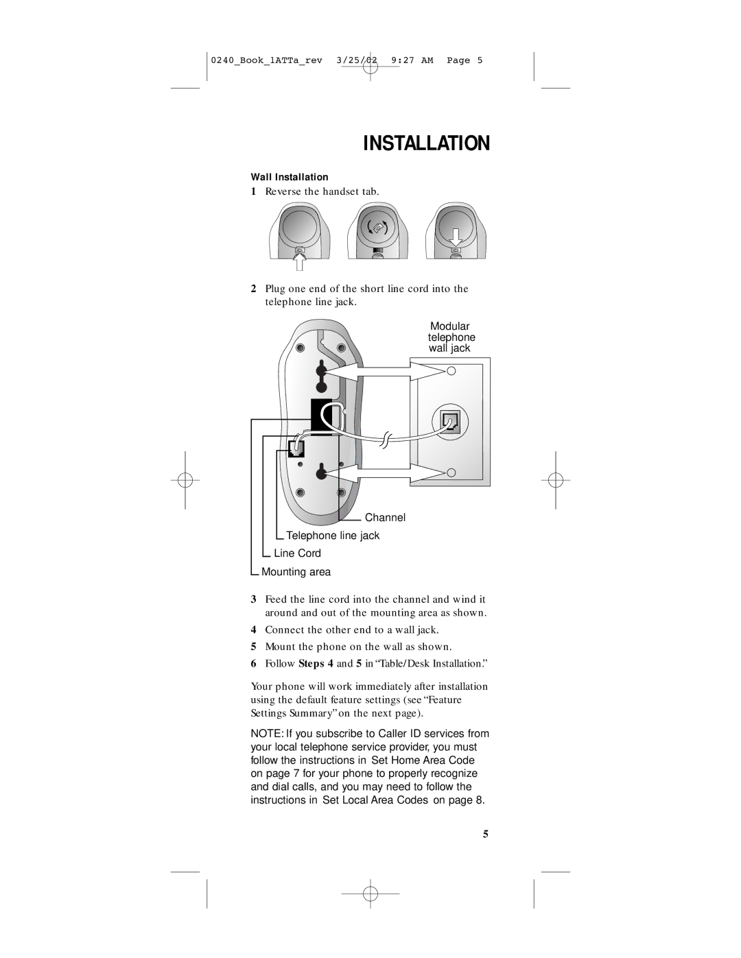 AT&T 240 user manual Wall Installation, Channel Telephone line jack Line Cord Mounting area 