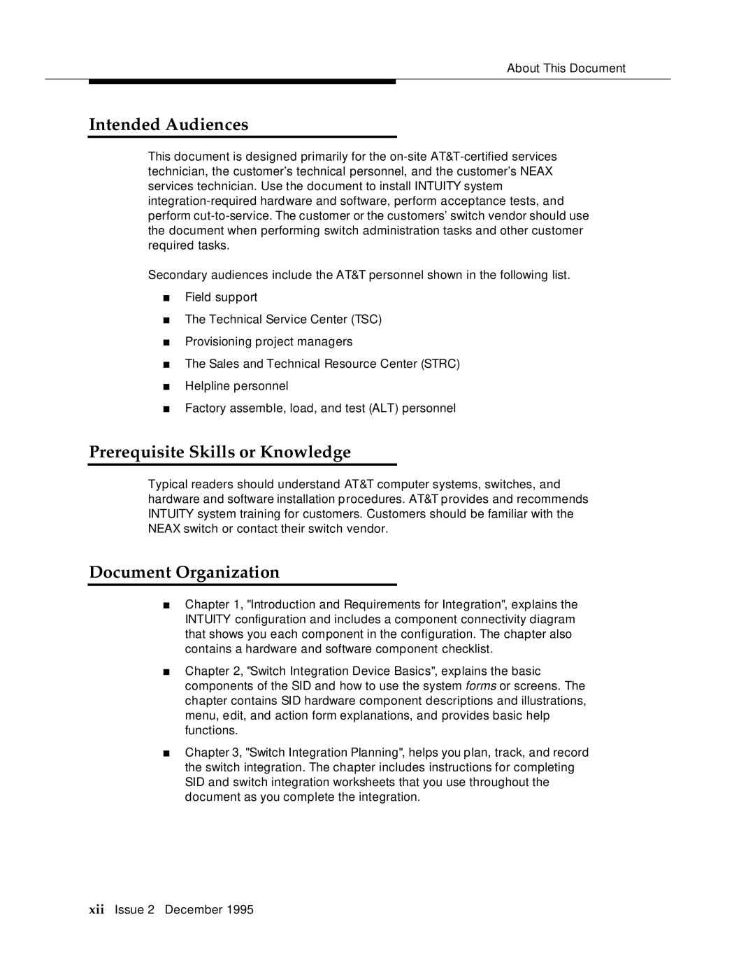 AT&T 2400 manual Intended Audiences, Prerequisite Skills or Knowledge, Document Organization 