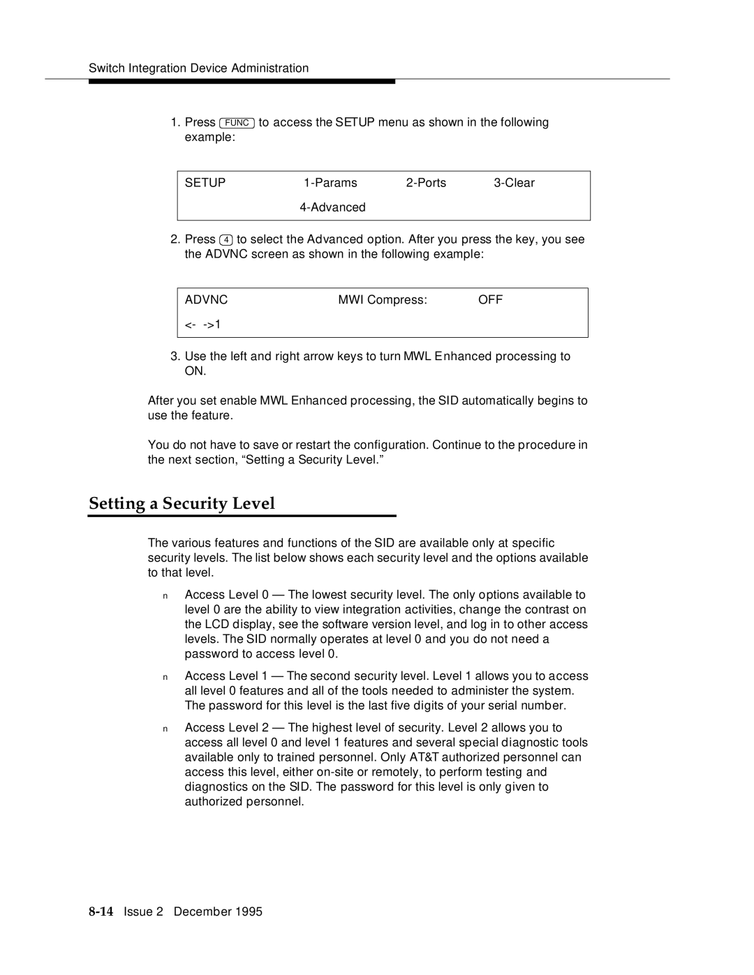 AT&T 2400 manual Setting a Security Level 