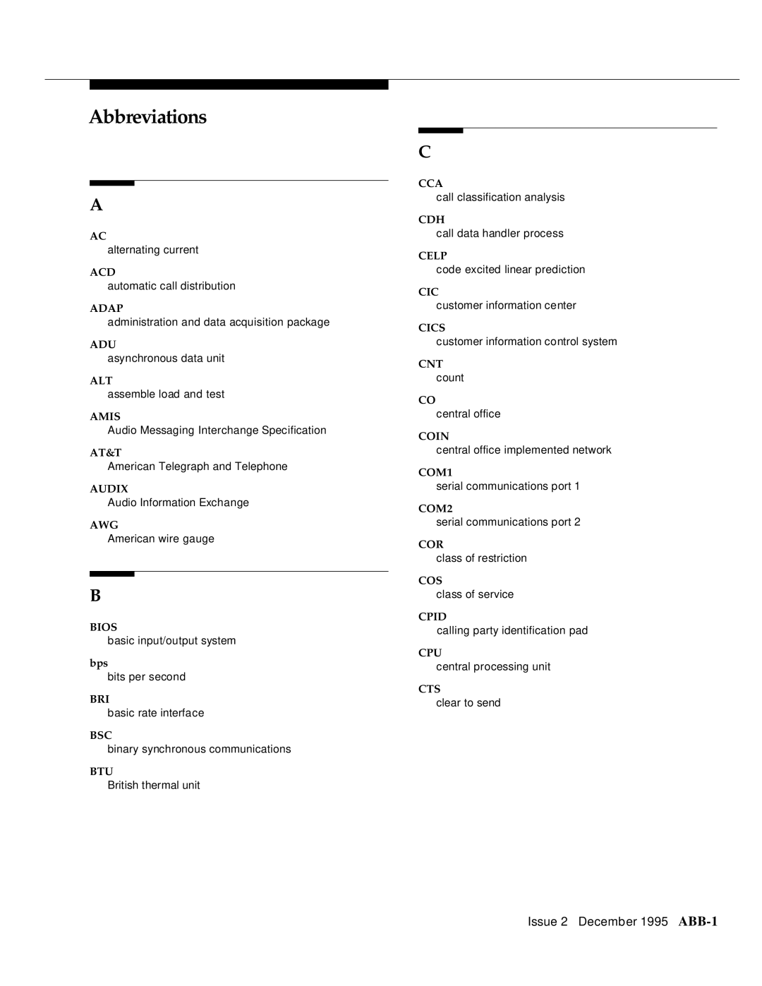 AT&T 2400 manual Abbreviations, Bps 