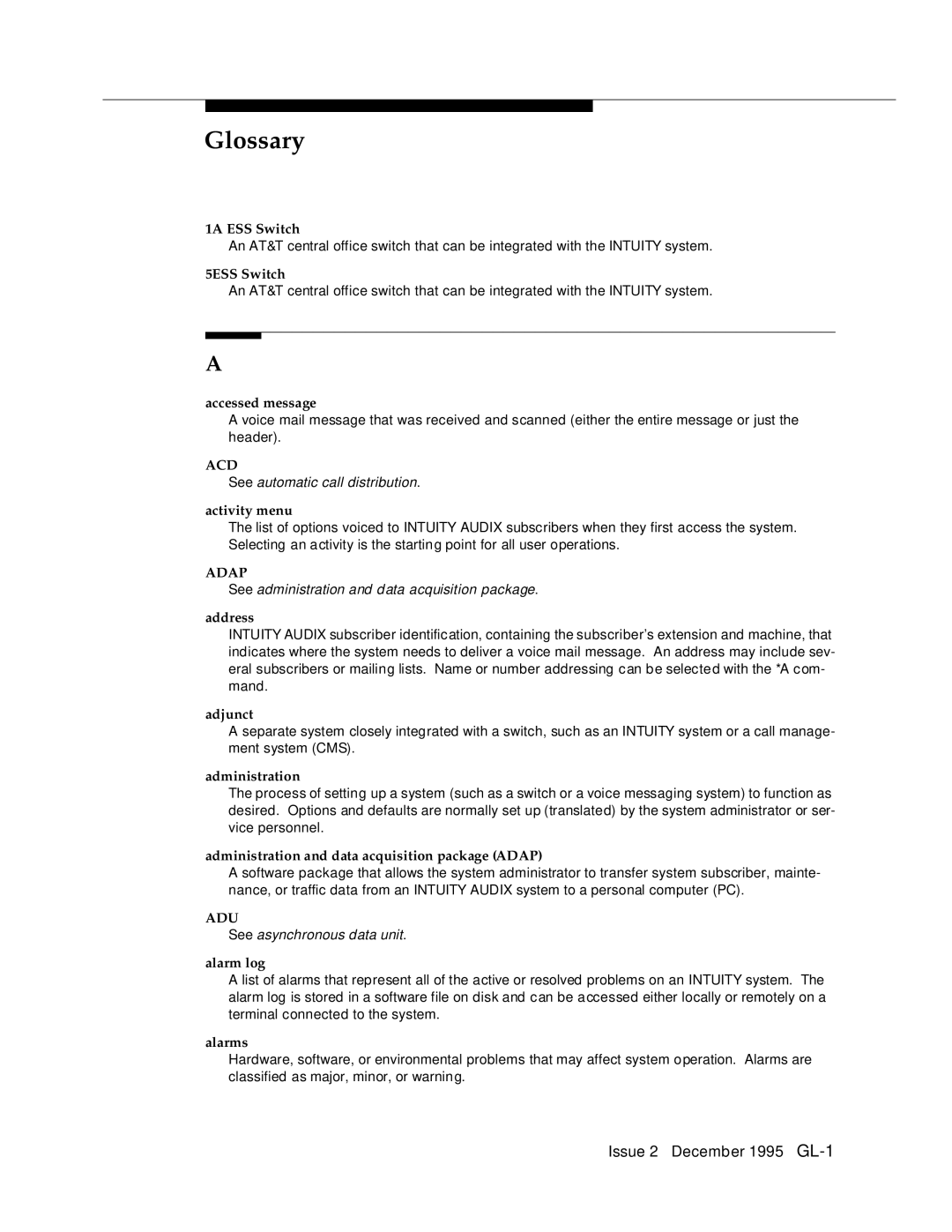 AT&T 2400 1A ESS Switch, 5ESS Switch, Accessed message, Activity menu, Address, Adjunct, Administration, Alarm log, Alarms 