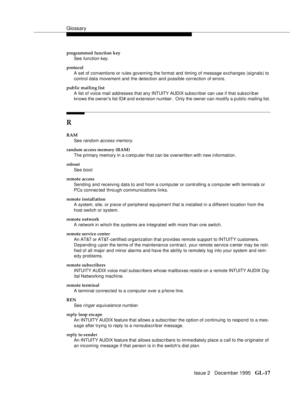 AT&T 2400 manual Programmed function key, Protocol, Public mailing list, Random access memory RAM, Reboot, Remote access 