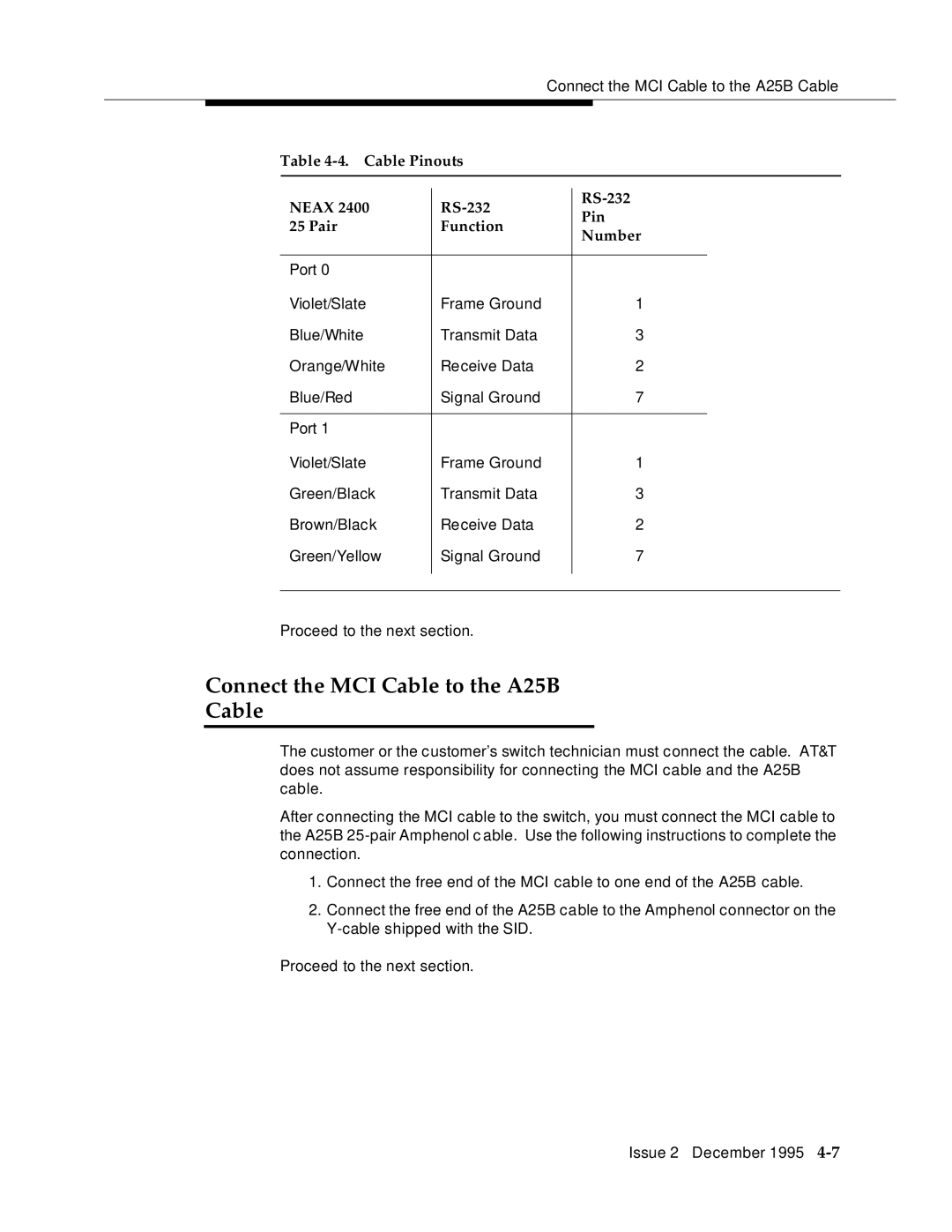 AT&T 2400 manual Connect the MCI Cable to the A25B, Cable Pinouts Neax RS-232 Pair Function Number 