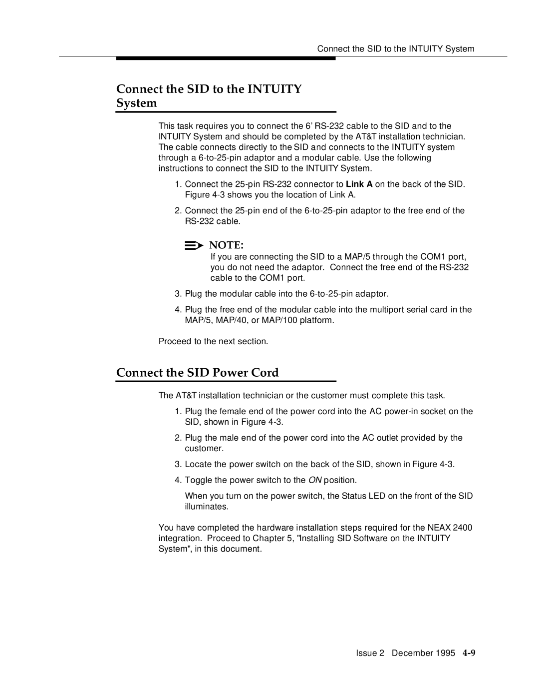 AT&T 2400 manual Connect the SID to the Intuity System, Connect the SID Power Cord 