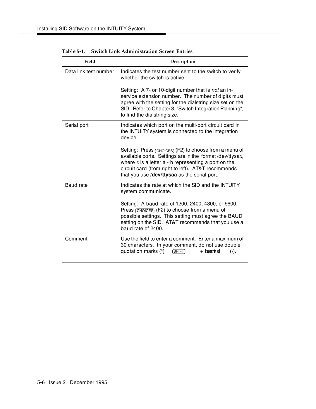 AT&T 2400 manual Switch Link Administration Screen Entries, Field Description 