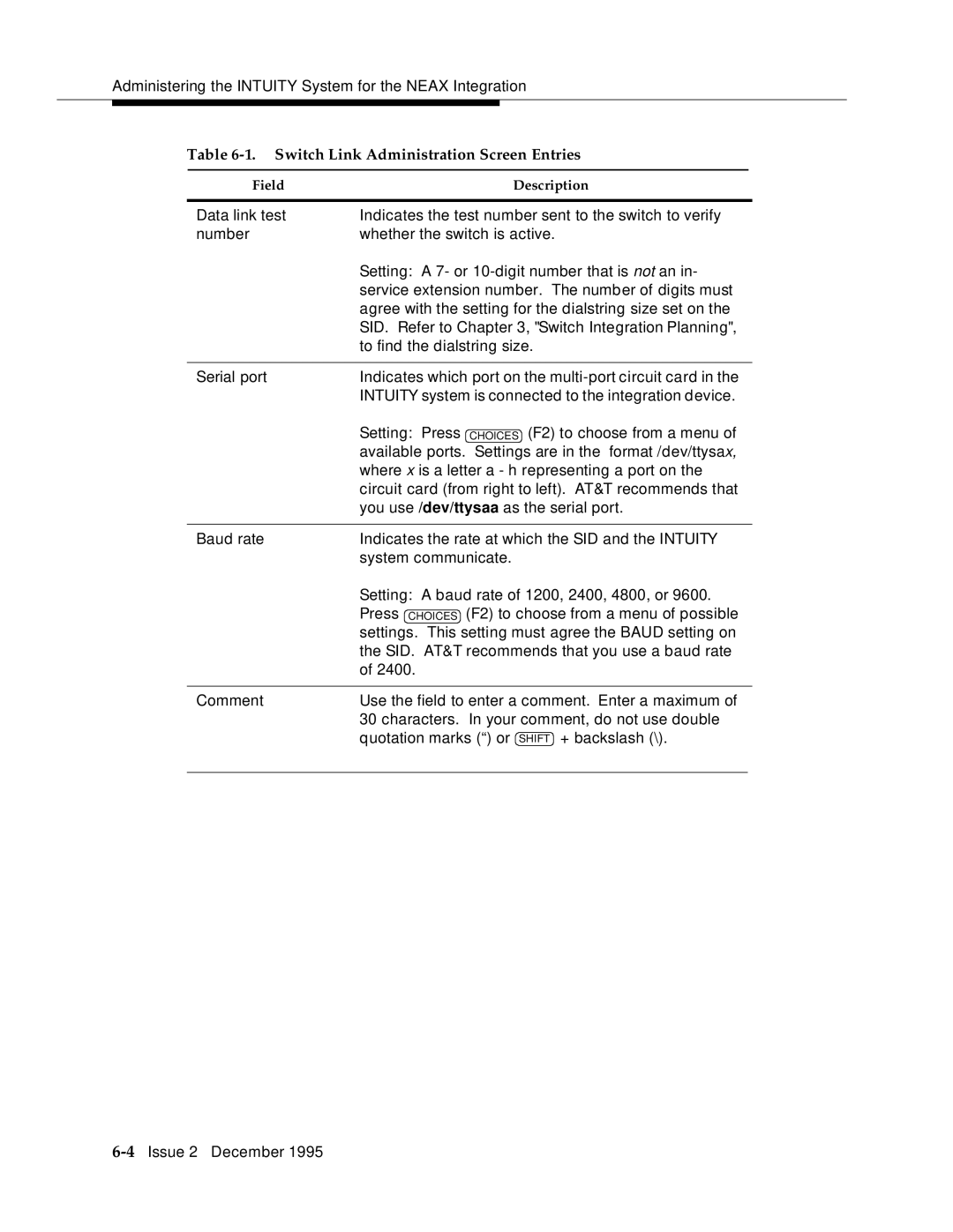 AT&T 2400 manual Switch Link Administration Screen Entries 