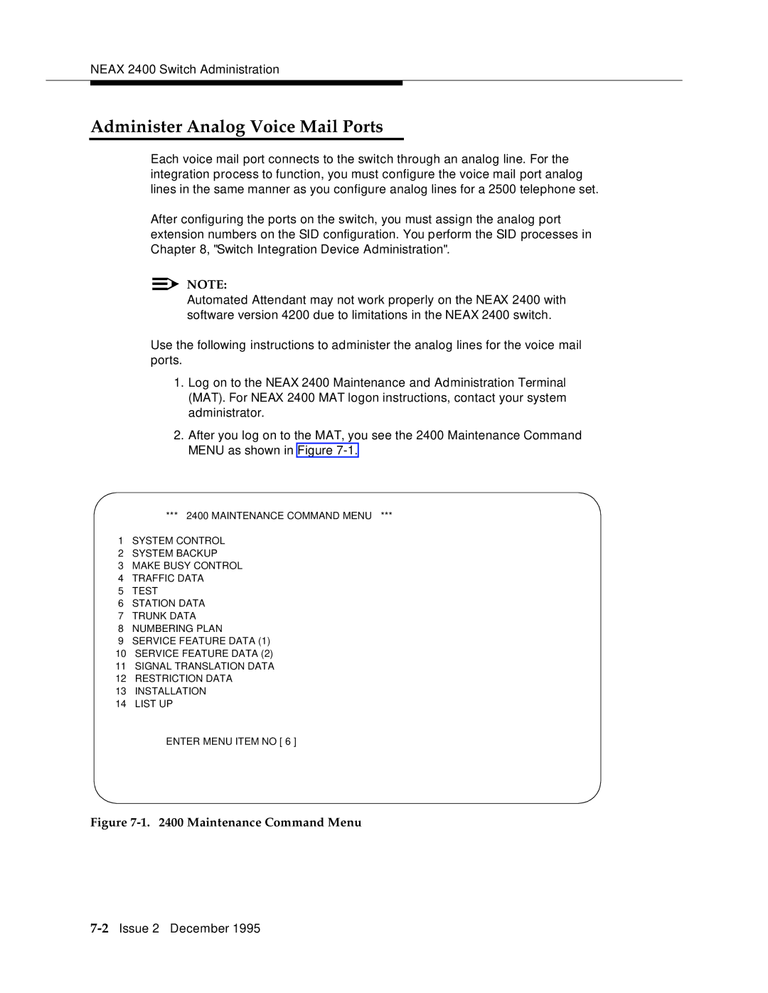 AT&T 2400 manual Administer Analog Voice Mail Ports, Maintenance Command Menu 