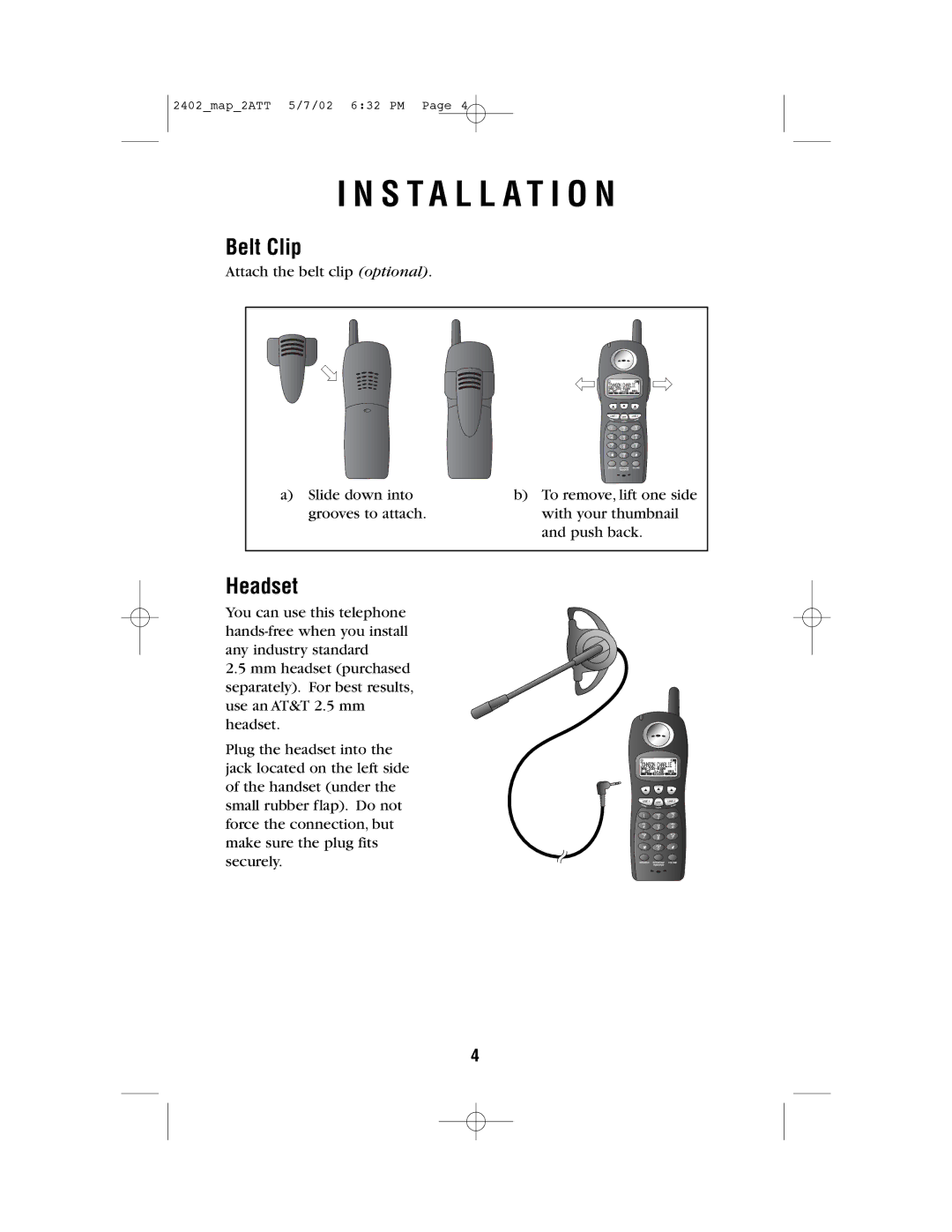 AT&T 2402 user manual Installation, Belt Clip, Headset 