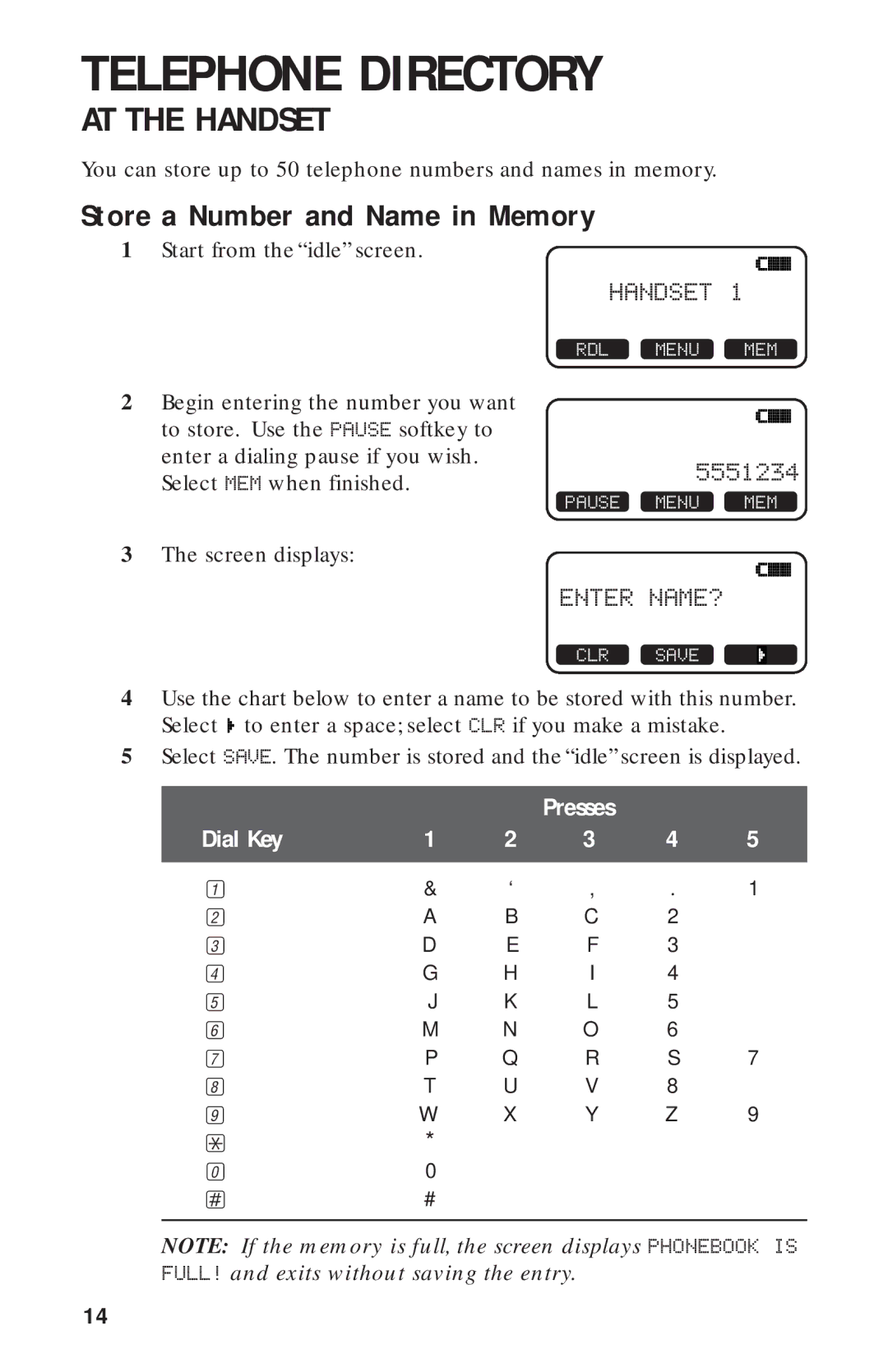 AT&T 2440 user manual Telephone Directory, Store a Number and Name in Memory 