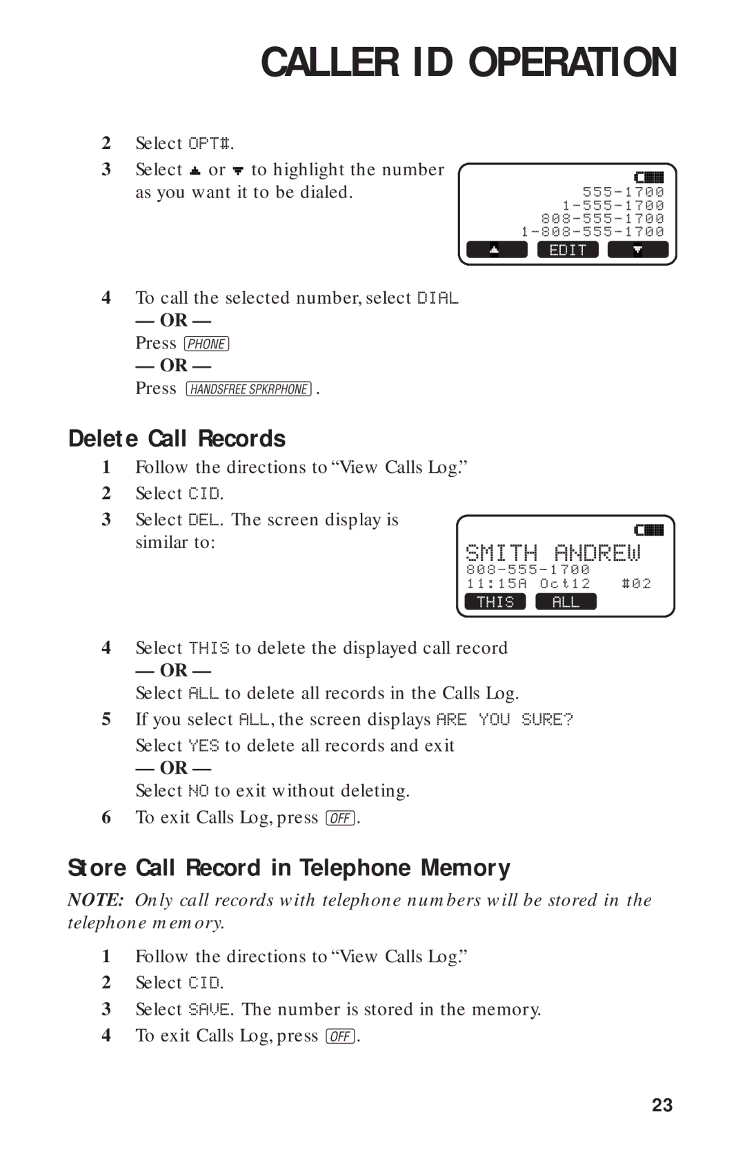 AT&T 2440 user manual Delete Call Records, Store Call Record in Telephone Memory 