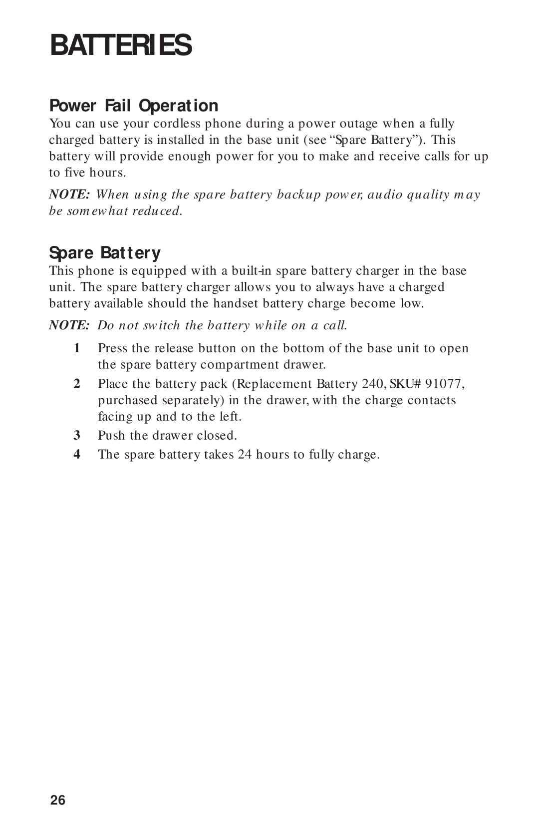 AT&T 2440 user manual Power Fail Operation, Spare Battery 