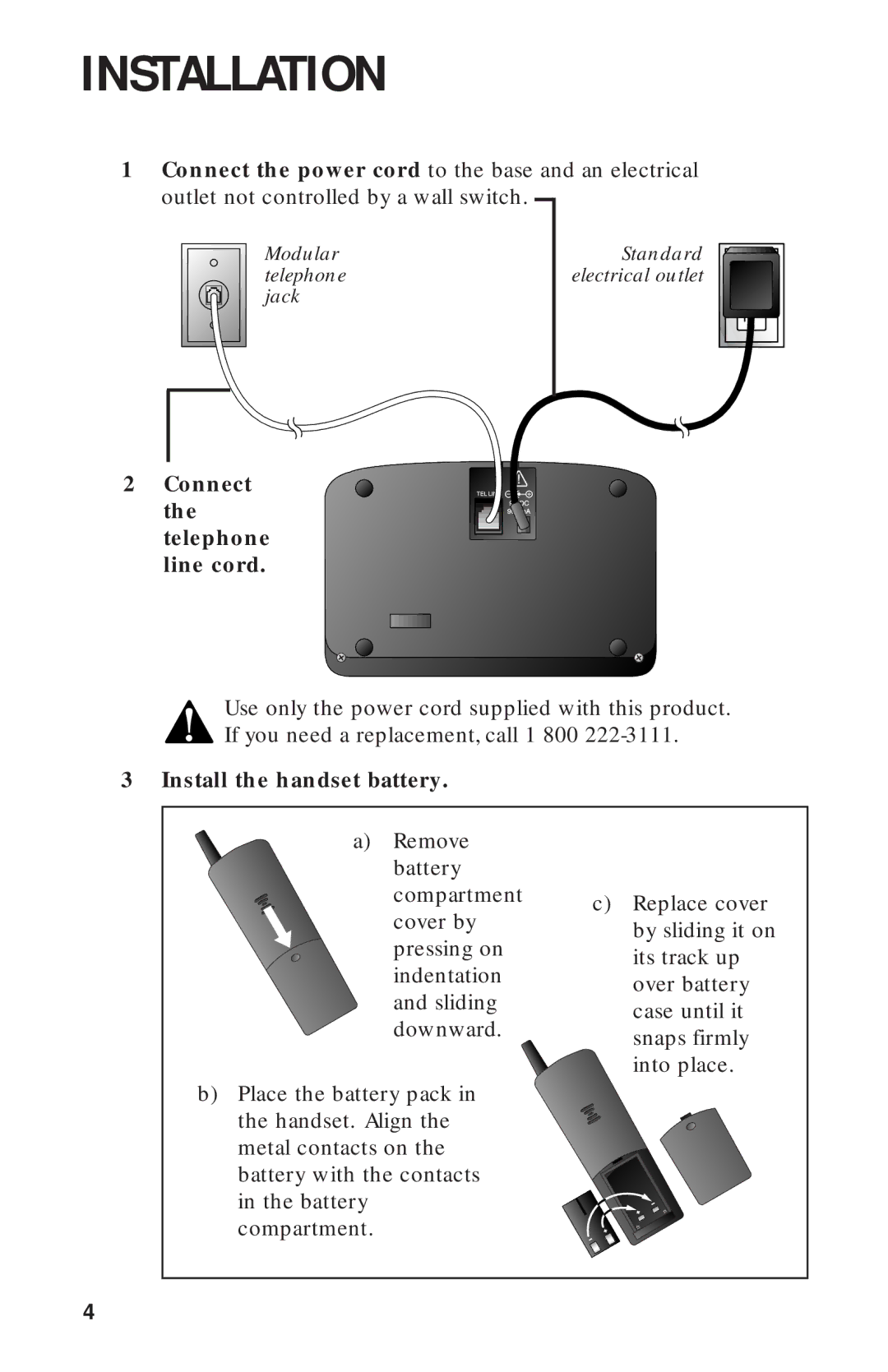 AT&T 2440 user manual Installation, Install the handset battery 