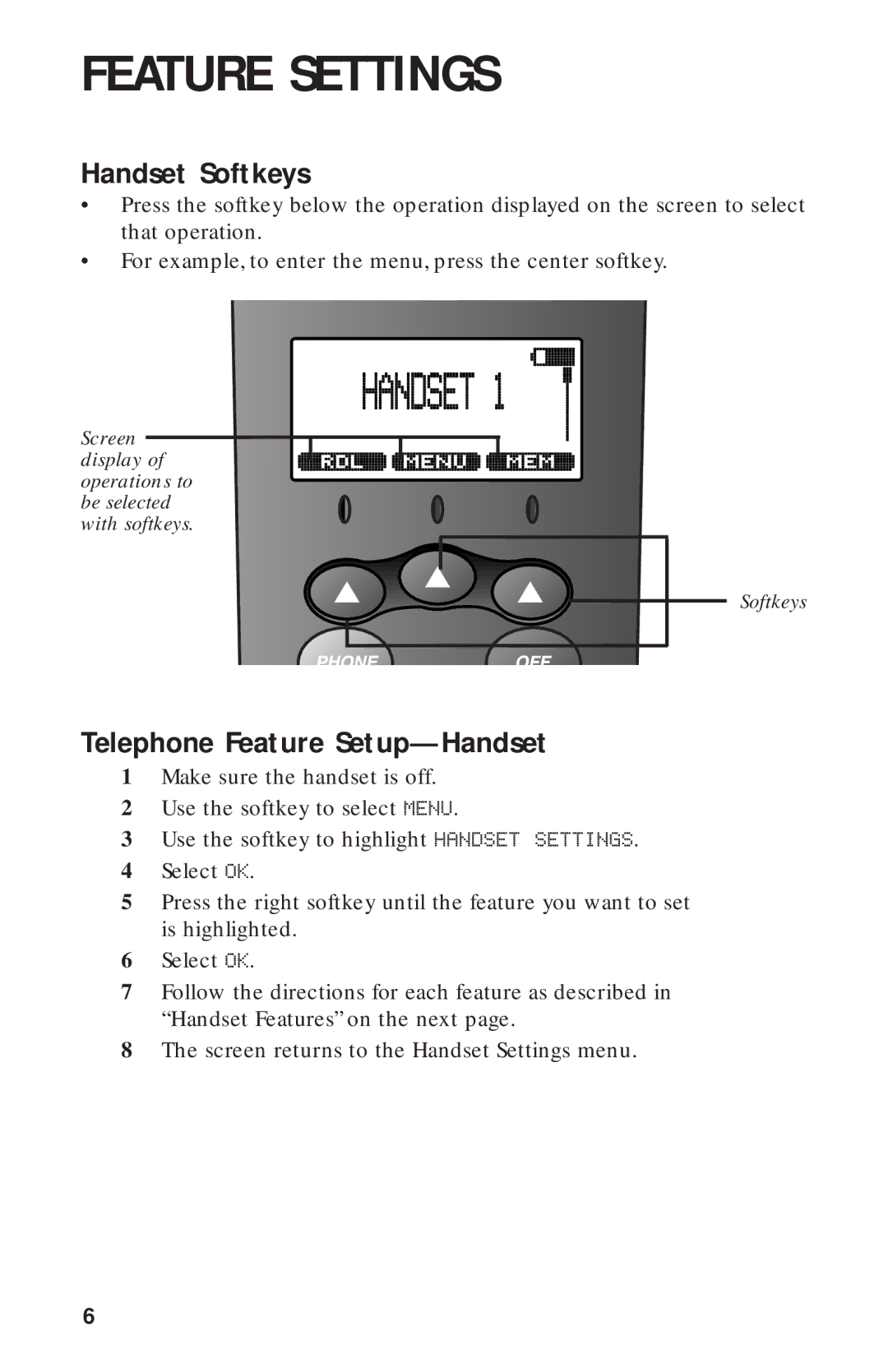 AT&T 2440 user manual Feature Settings, Handset Softkeys, Telephone Feature Setup-Handset 