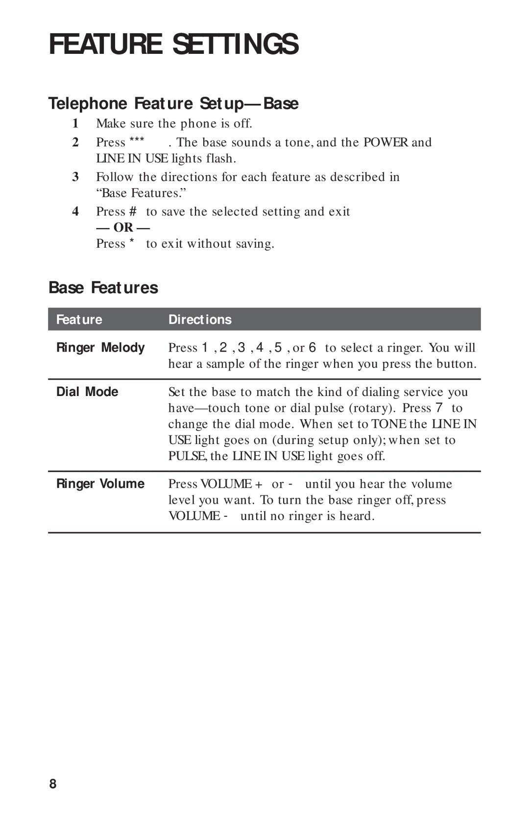 AT&T 2440 user manual Telephone Feature Setup-Base, Base Features 