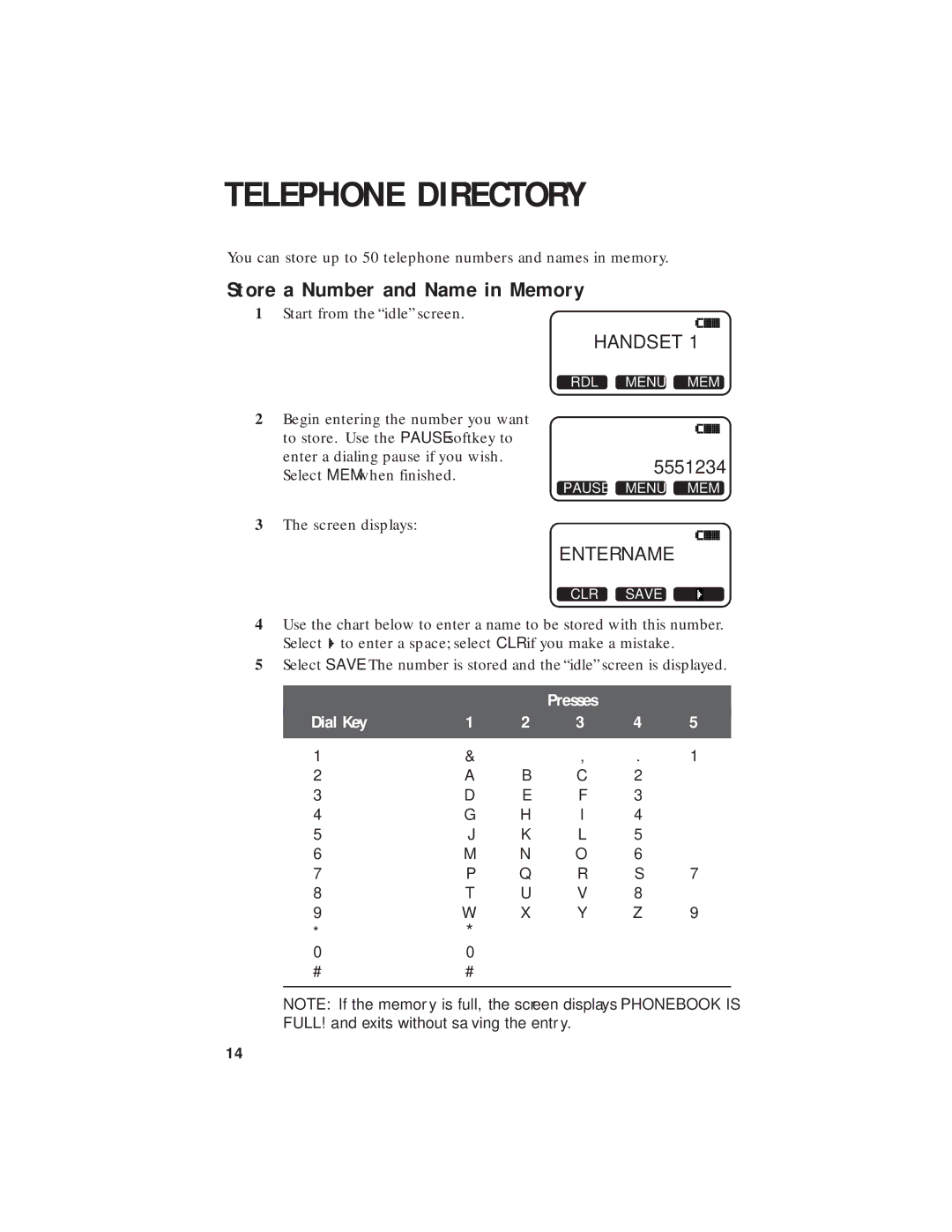 AT&T 2455 user manual Telephone Directory, Store a Number and Name in Memory 